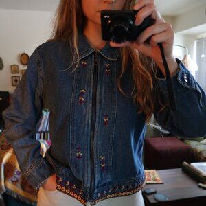 Vintage Asazy Embroidered Floral Geometric Denim Jacket with Zipper M